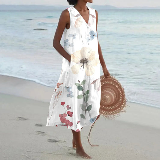 Marina™ | Ärmlös Sommarklänning med Blommönster